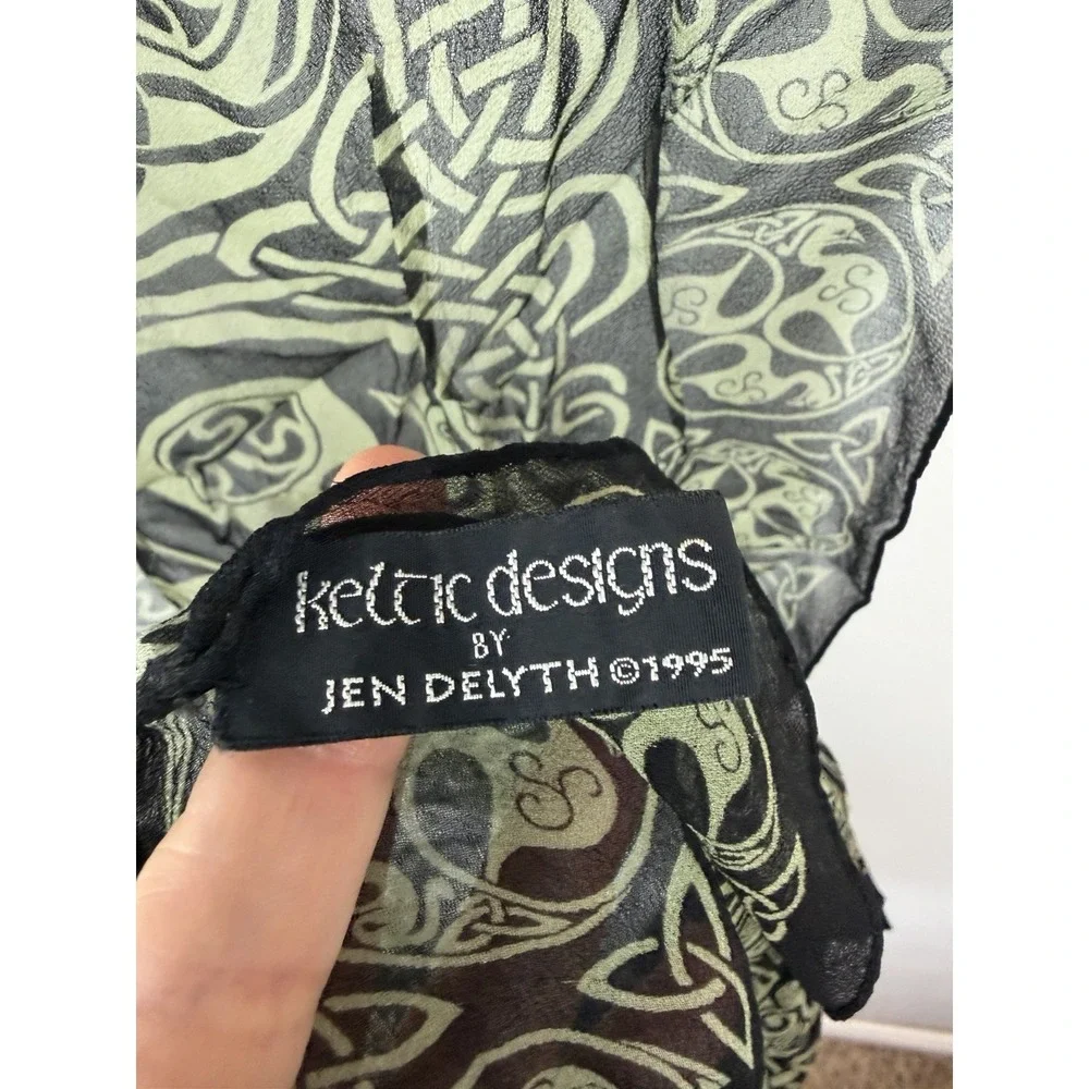 Vintage Keltic Designs Silk Scarf Black Green 90's Career Japan Career